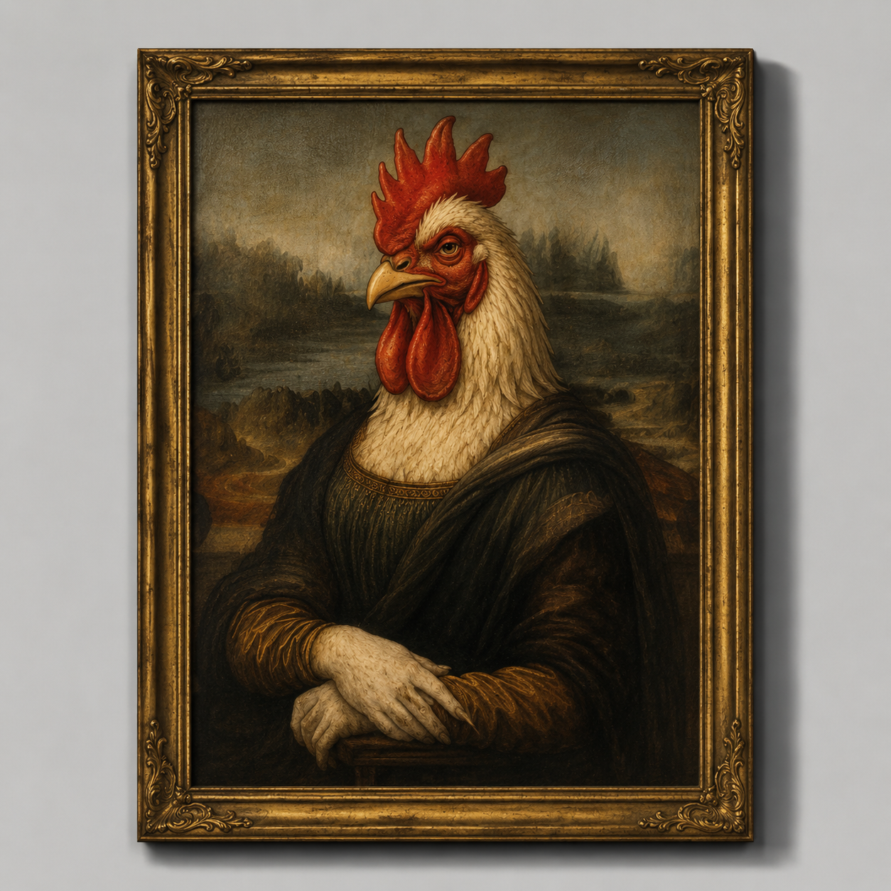 TALVX13 rooster displayed as a framed renaissance painting