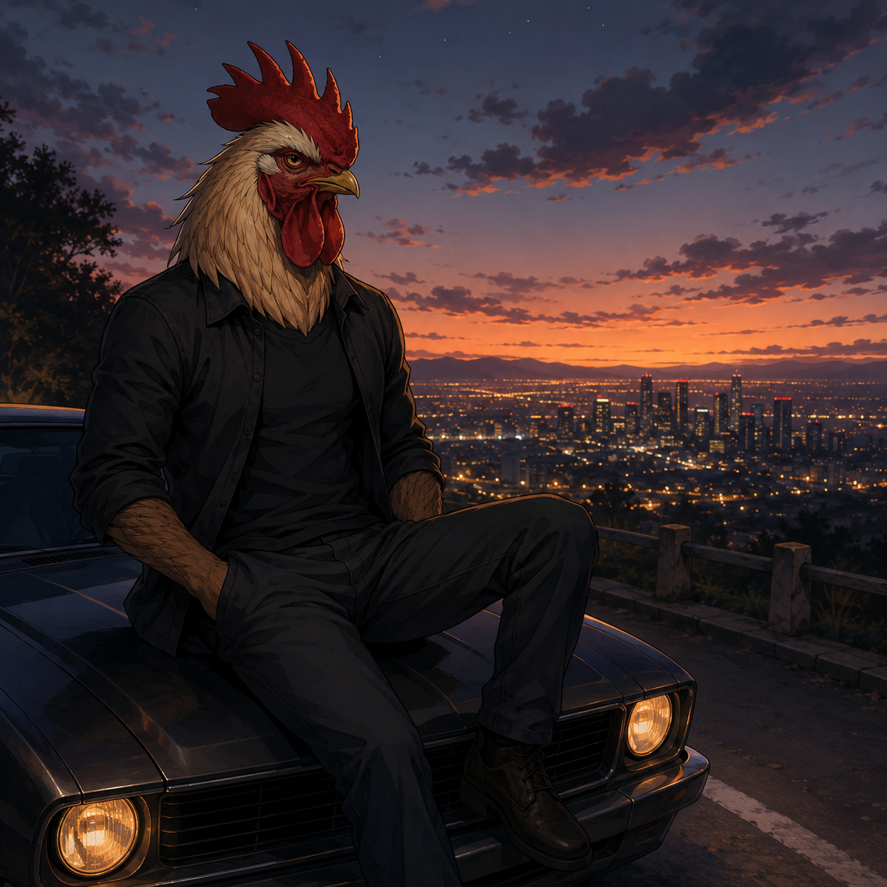 TALVX13 rooster sitting on a car overlooking the city
