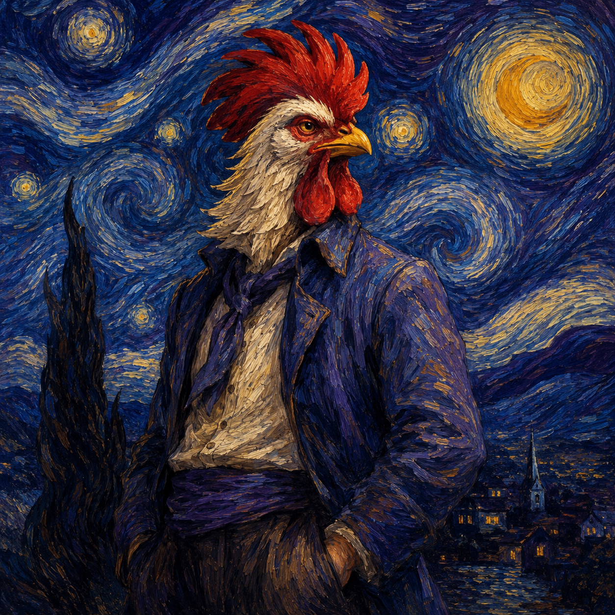 TALVX13 rooster in a swirling night painting