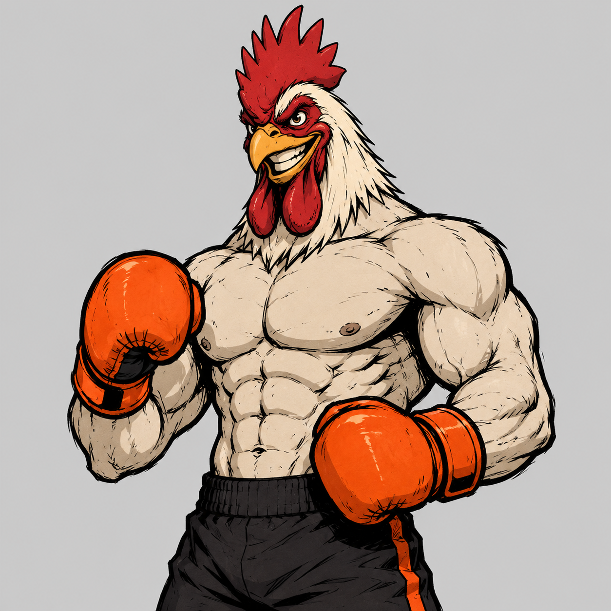 TALVX13 muscular rooster wearing orange boxing gloves