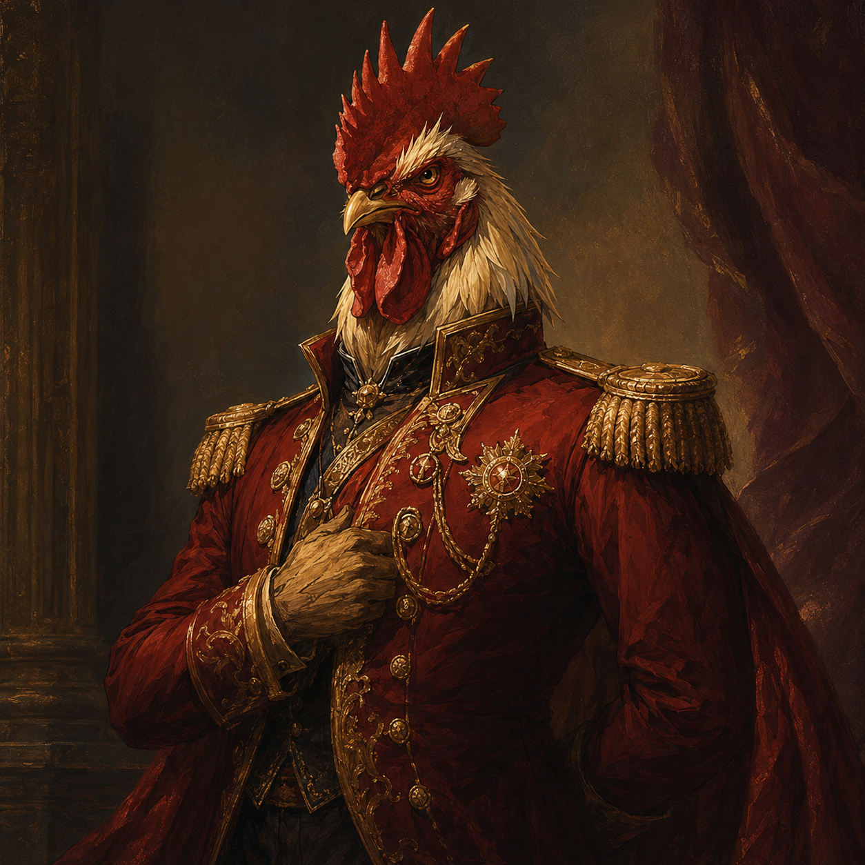 TALVX13 imperial rooster wearing a red and gold uniform